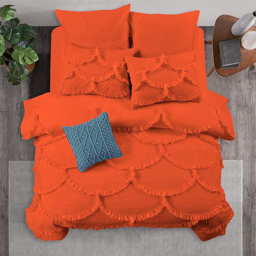3 Piece Sirena Shabby Chic Duvet Cover with Zipper & Corner Ties, Pillow Shams 800 Thread Count 100% Egyptian Cotton Decorative Bedding (Oversized Super King, Orange)