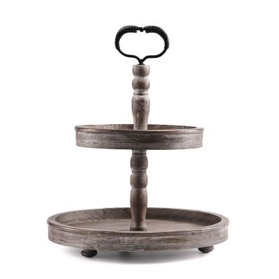 HYGGEISM Two Tier Tray Distressed Wood 2 Tiered Serving Tray Farmhouse, Decorative Wooden Rustic Cake Stand for Kitchen Counter Table, Coffee Bar Decor (Heart-Shaped Handle)