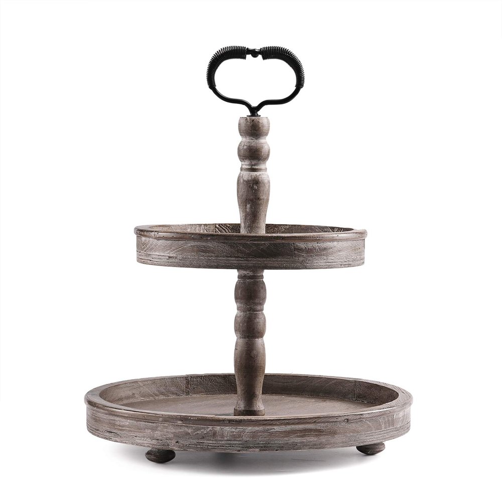 HYGGEISM Two Tier Tray Distressed Wood 2 Tiered Serving Tray Farmhouse, Decorative Wooden Rustic Cake Stand for Kitchen Counter Table, Coffee Bar Decor (Heart-Shaped Handle)