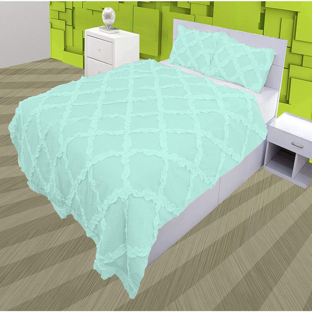 3 Piece Cross Ribbon Ruffle Duvet Cover Set with Zipper & Corner Ties 800 Thread Count 100% Egyptian Cotton Premium Hotel Class Decorative Bedding(Oversized Super King, Aqua Blue)