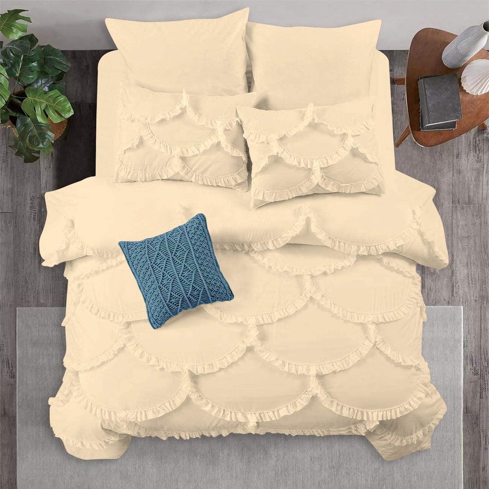 3 Piece Sirena Shabby Chic Duvet Cover with Zipper & Corner Ties, Pillow Shams 800 Thread Count 100% Egyptian Cotton Decorative Bedding (King/Cal-King, Ivory)