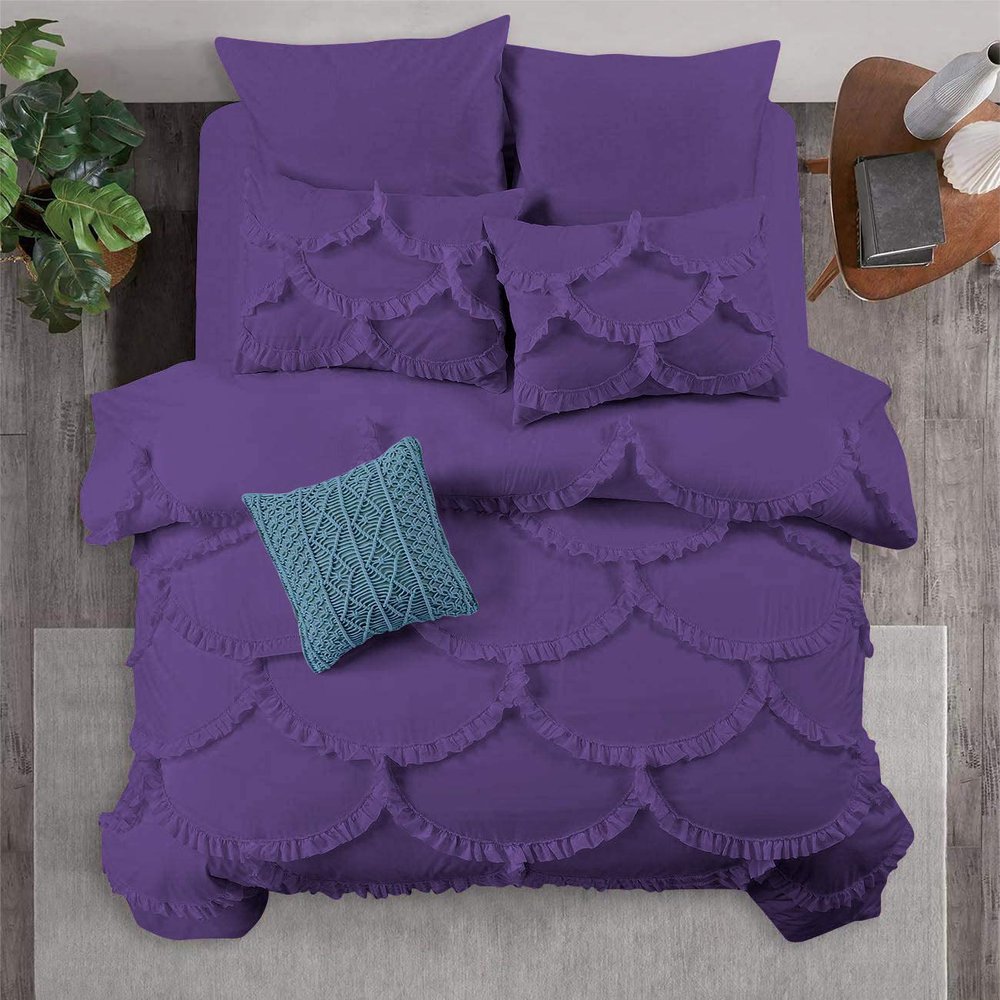 3 Piece Sirena Shabby Chic Duvet Cover with Zipper & Corner Ties, Pillow Shams 800 Thread Count 100% Egyptian Cotton Decorative Bedding (Oversized Super King, Purple)