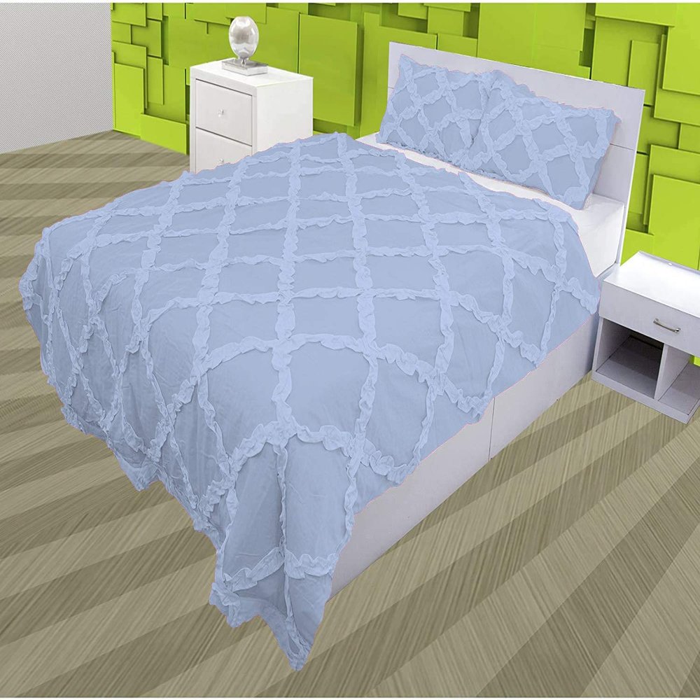 3 Piece Cross Ribbon Ruffle Duvet Cover Set with Zipper & Corner Ties 800 Thread Count 100% Egyptian Cotton Premium Hotel Class Decorative Bedding(Oversized Super King, Light Blue)