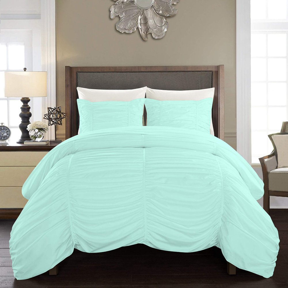 5 Piece Ruched Pattern Duvet Cover with Zipper & Corner Ties 100% Egyptian Cotton 800 Thread Count Premium Hotel Quality Decorative Bedding (Super King, Aqua Blue)
