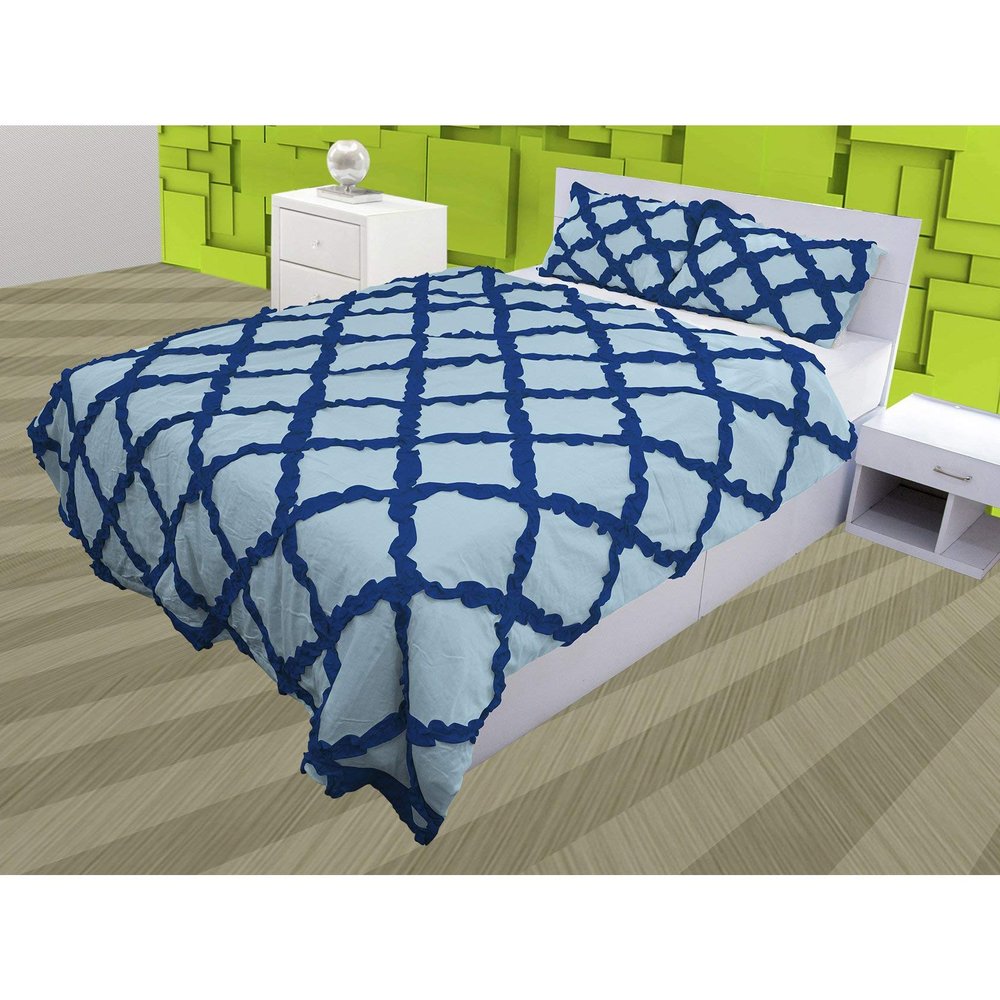 3 Piece Cross Ribbon Ruffle Duvet Cover Set with Zipper & Corner Ties 800 Thread Count 100% Egyptian Cotton Premium Hotel Class Decorative Bedding(Oversized Super King, Light Blue/Navy)