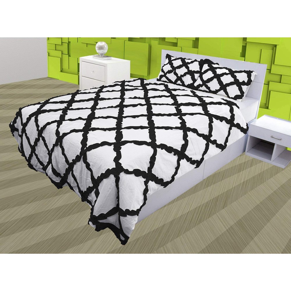 3 Piece Cross Ribbon Ruffle Duvet Cover Set with Zipper & Corner Ties 800 Thread Count 100% Egyptian Cotton Premium Hotel Class Decorative Bedding(King/Cal-King, Black/White)