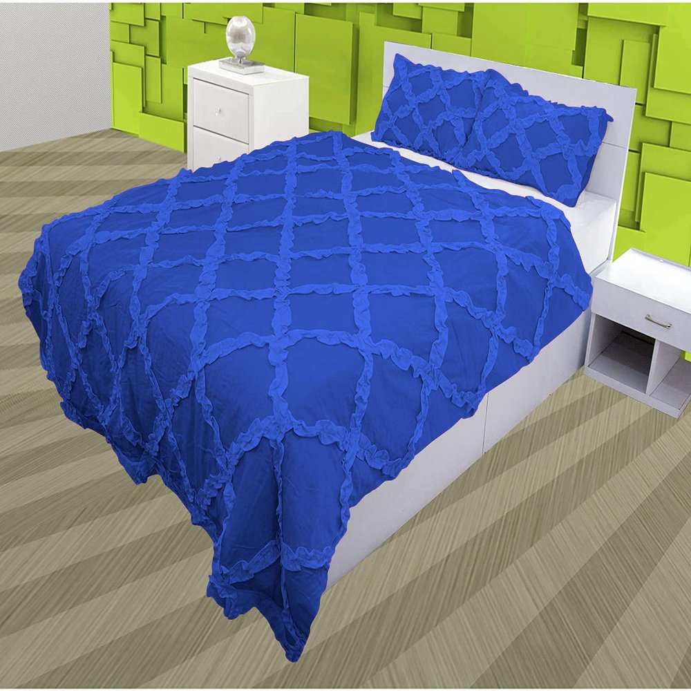 3 Piece Cross Ribbon Ruffle Duvet Cover Set with Zipper & Corner Ties 800 Thread Count 100% Egyptian Cotton Premium Hotel Class Decorative Bedding(Twin/Twin-XL, Royal Blue)
