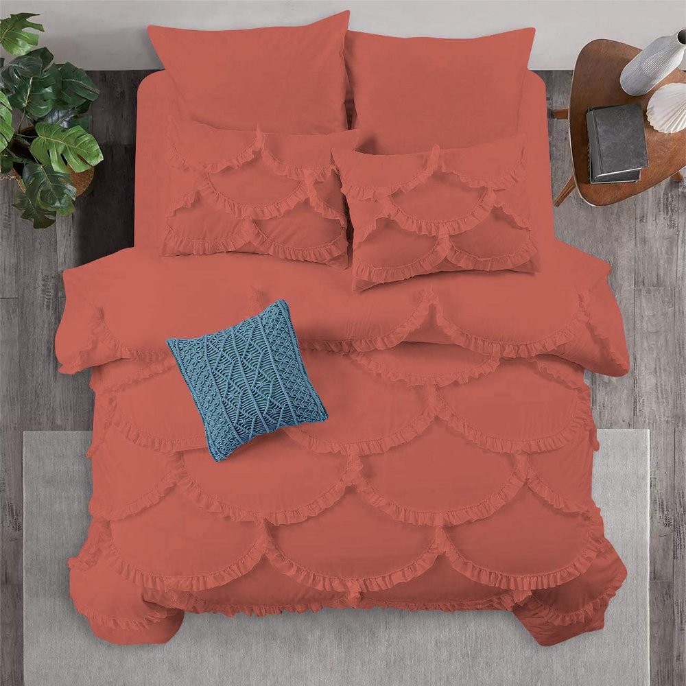 1 Piece Duvet Cover Sirena Shabby Chic Duvet Cover with Zipper & Corner Ties, 800 Thread Count 100% Egyptian Cotton Decorative Bedding(Oversized Super King, Brick Red)
