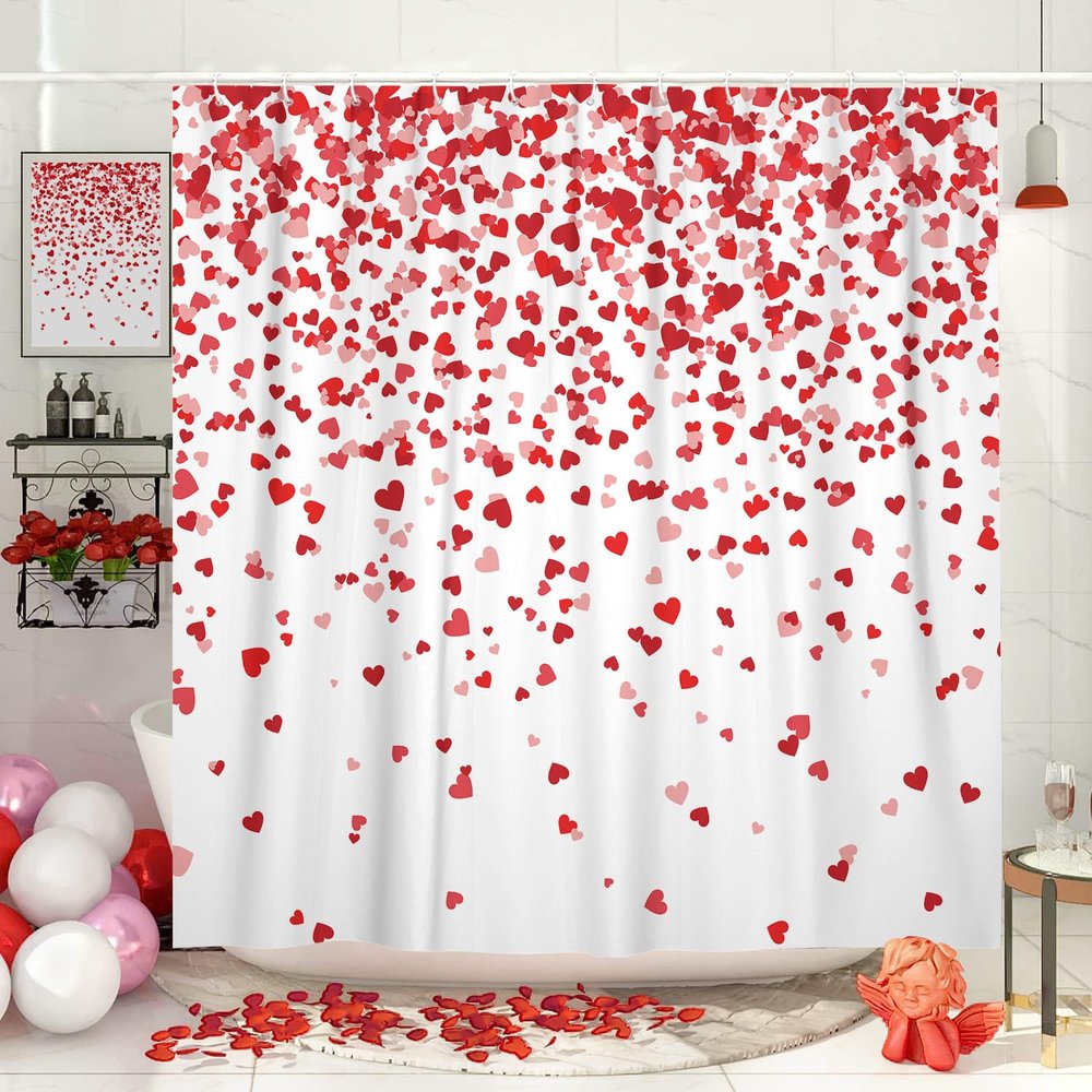 DYNH Valentines Day Shower Curtains for Bathroom, Cute Red Heart Valentine's Day Holiday Fabric Shower Curtain Set, White Bathroom Accessories Decor, Hooks Included (72W X 72H)