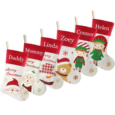DearSun Set of 6, 18" Personalized Christmas Stockings with Exquisite Embroidery Names, Santa,Mrs.Claus,Bear,Snowman,Elf Boy&Girl Characters,Quality Linen Stockings for Family Decor