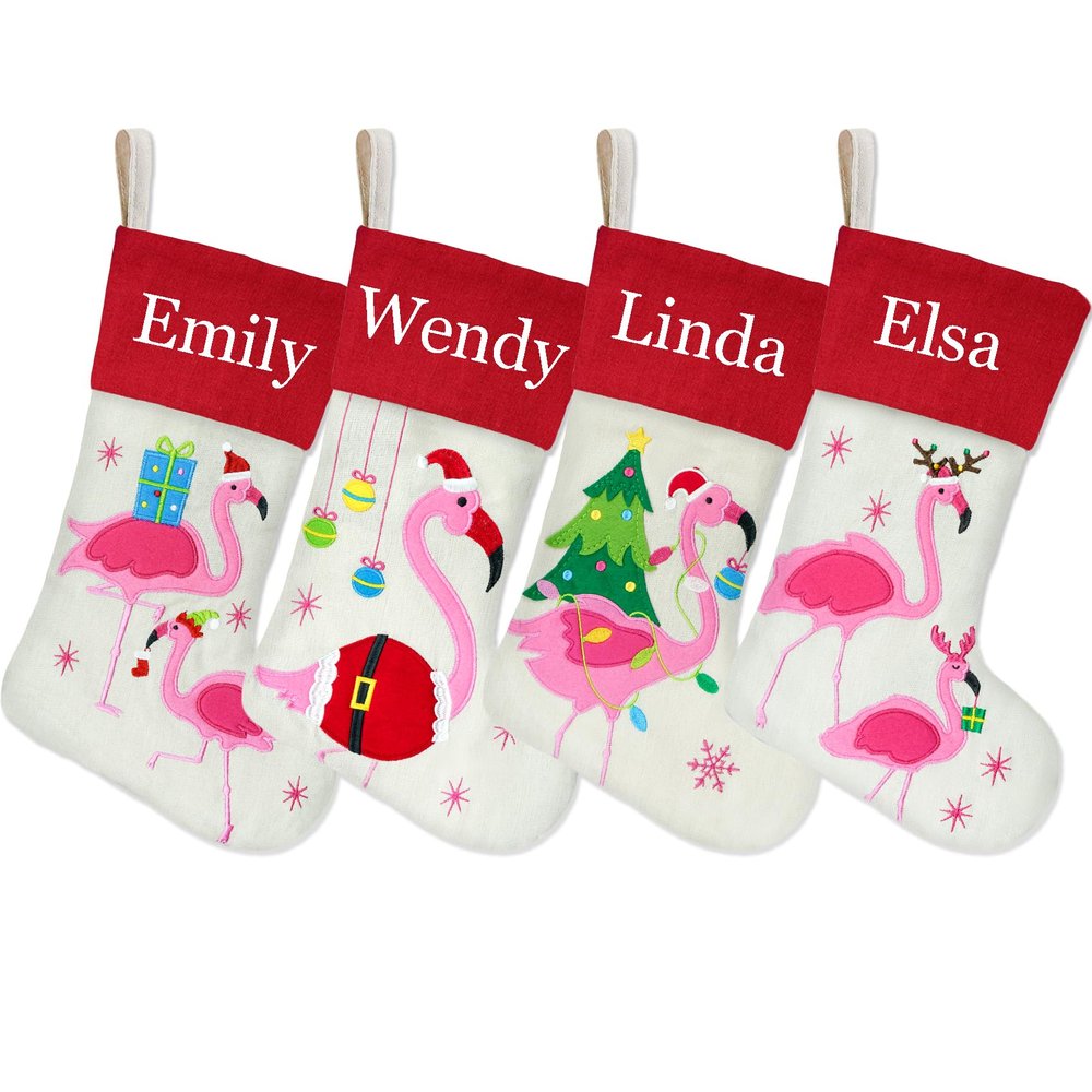 DearSun Set of 4, 18" Personalized Christmas Stockings with Exquisite Embroidery Names, Lovely Flamingo Designs, Quality Linen Stockings for Family Decor