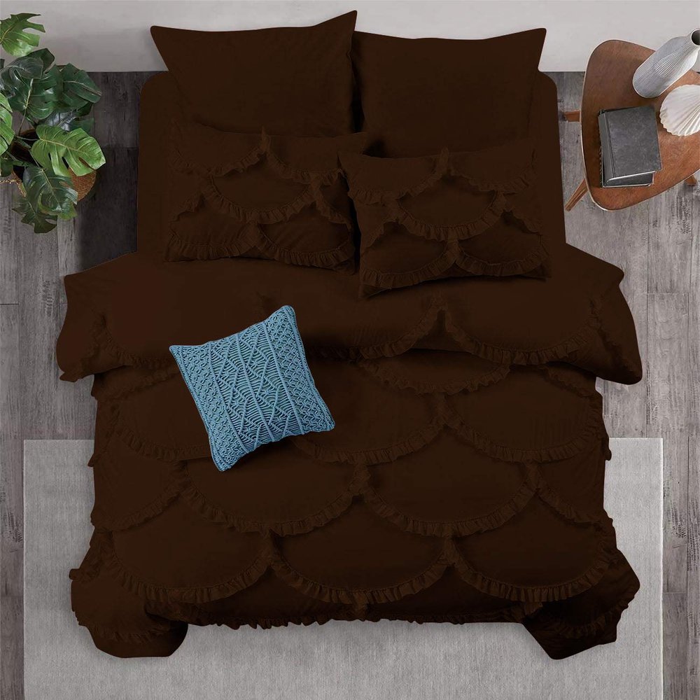 3 Piece Sirena Shabby Chic Duvet Cover with Zipper & Corner Ties, Pillow Shams 800 Thread Count 100% Egyptian Cotton Decorative Bedding (Twin/Twin-XL, Chocolate)