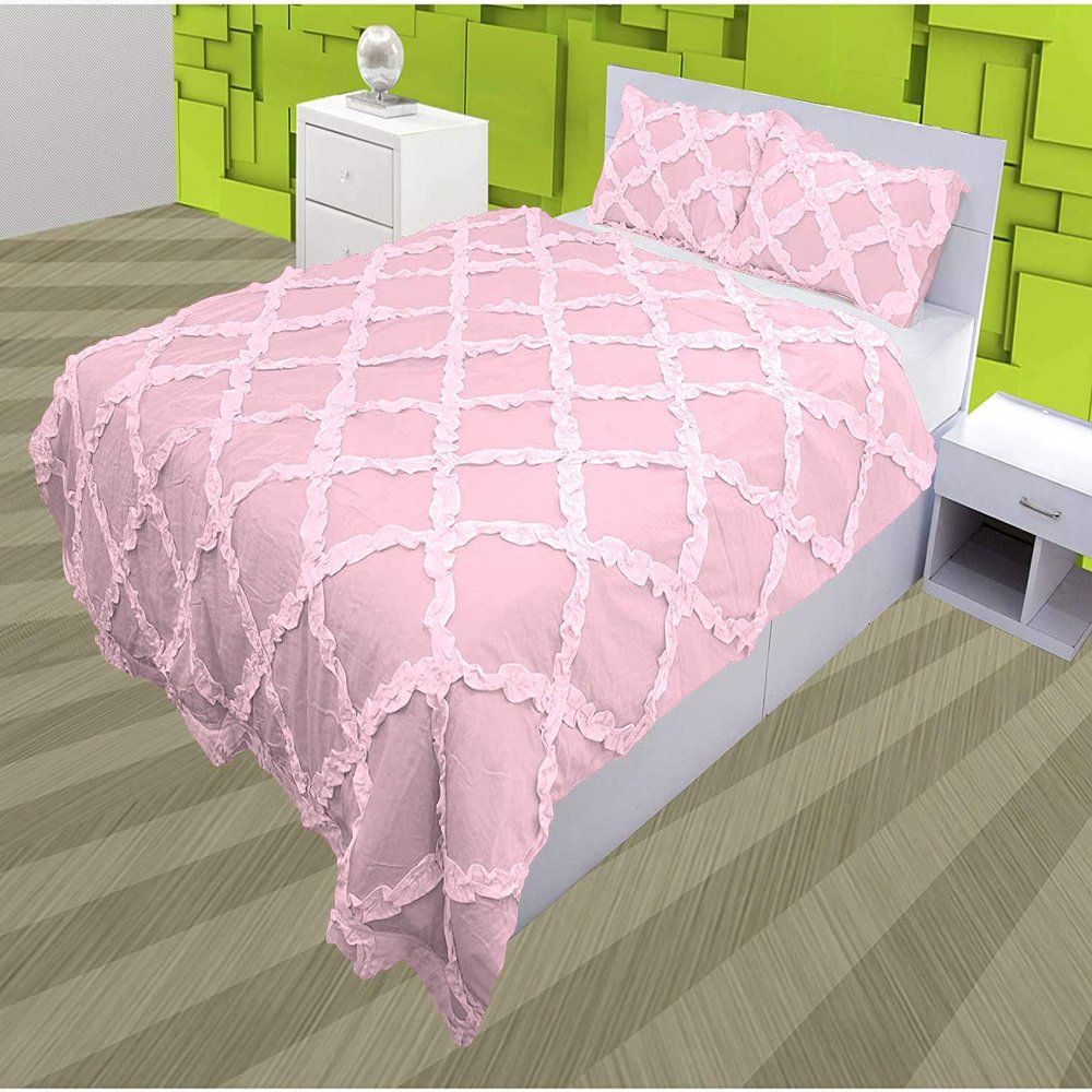 3 Piece Cross Ribbon Ruffle Duvet Cover Set with Zipper & Corner Ties 800 Thread Count 100% Egyptian Cotton Premium Hotel Class Decorative Bedding(Twin/Twin-XL, Baby Pink)