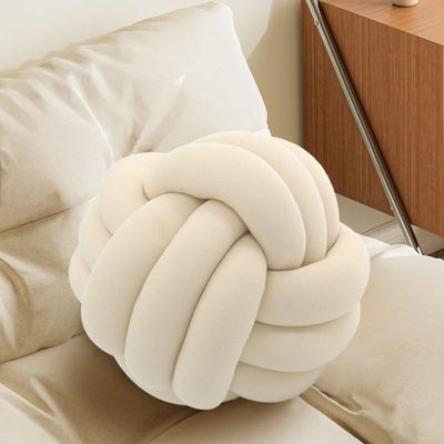 Ivory Knot Pillow Ball, Fluffy Handmade Decorative Throw Pillow, Soft Round Knotted Cushion for Couch & Bedroom, Cute Home Decor Ball Pillow for Living Room (7.87 Inches)