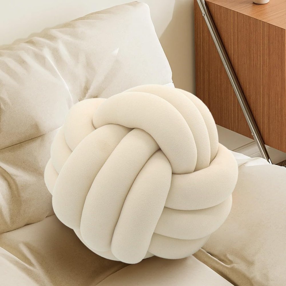 Ivory Knot Pillow Ball, Fluffy Handmade Decorative Throw Pillow, Soft Round Knotted Cushion for Couch & Bedroom, Cute Home Decor Ball Pillow for Living Room (7.87 Inches)