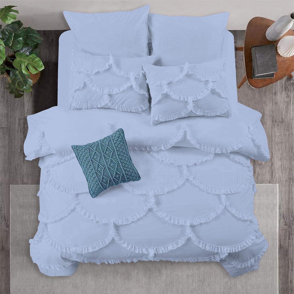 1 Piece Duvet Cover Sirena Shabby Chic Duvet Cover with Zipper & Corner Ties, 800 Thread Count 100% Egyptian Cotton Decorative Bedding(Oversized Super King, Light Blue)