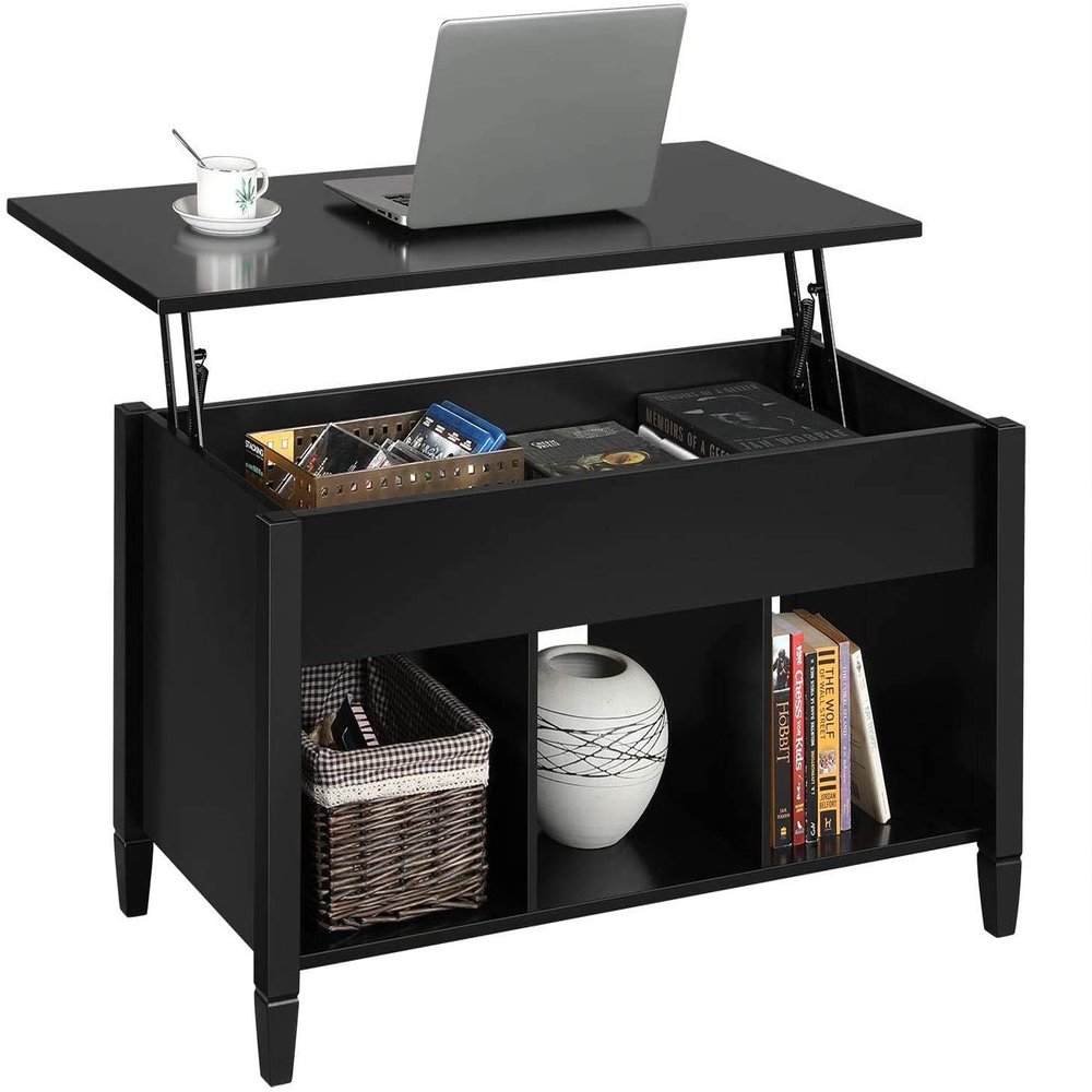 Coffee Table Lift Top Wood Home Living Room Modern Lift Top Storage Coffee Table w/Hidden Compartment Lift Tabletop Furniture, with 3 Hidden Compartment Storage Shelf (Black)