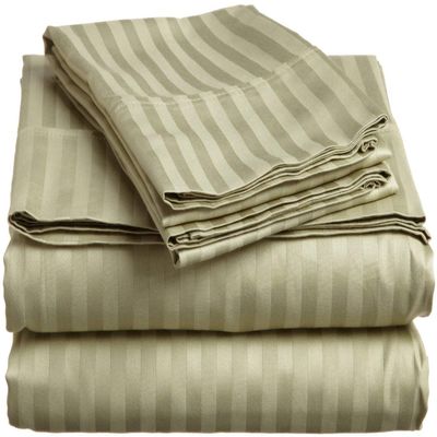 Apsley Linen Damask Stripe Egyptian Cotton 6-PCs Sheet Set (1 Fitted, 1 Flat, 4 Pillowcase) Fits 30-34'' Deep Pocket Sateen Weave Silky Soft Breathable (Queen, Sage Green)