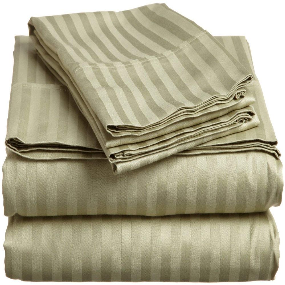 Apsley Linen Damask Stripe Egyptian Cotton 6-PCs Sheet Set (1 Fitted, 1 Flat, 4 Pillowcase) Fits 30-34'' Deep Pocket Sateen Weave Silky Soft Breathable (Queen, Sage Green)