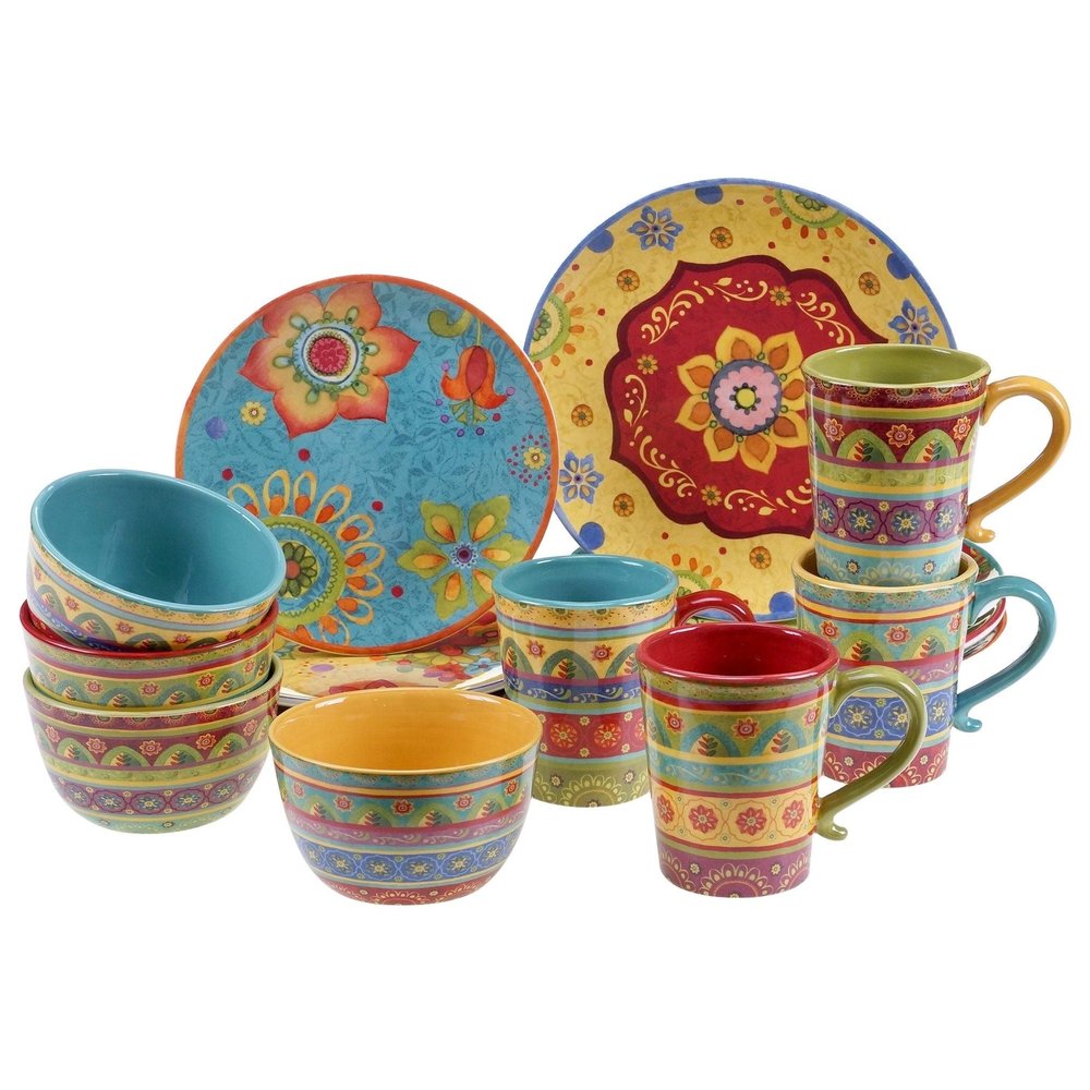 16-piece Dinnerware Set Blue Red Yellow Stripe Casual Modern Contemporary Round 16 Piece Dishwasher Safe Microwave