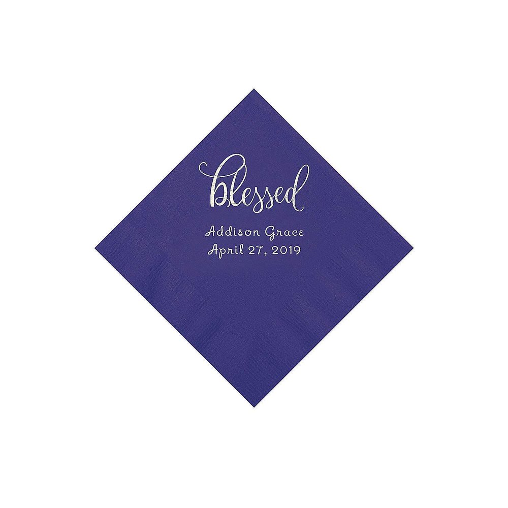 Purple Blessed Personalized Napkins with Silver Foil - Beverage - Party Supplies - 50 Pieces