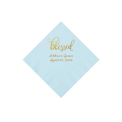 Light Blue Blessed Personalized Napkins with Gold Foil - Beverage - Party Supplies - 50 Pieces
