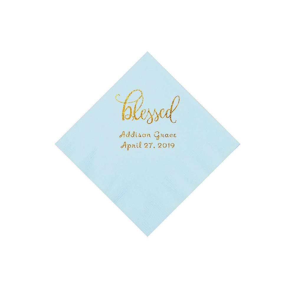 Light Blue Blessed Personalized Napkins with Gold Foil - Beverage - Party Supplies - 50 Pieces
