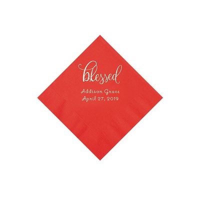 Red Blessed Personalized Napkins with Silver Foil - Beverage - Party Supplies - 50 Pieces