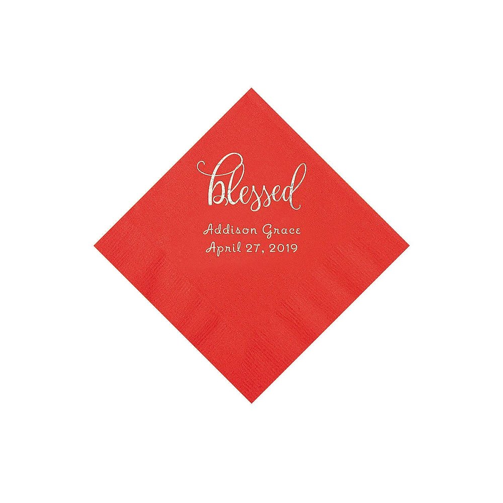 Red Blessed Personalized Napkins with Silver Foil - Beverage - Party Supplies - 50 Pieces
