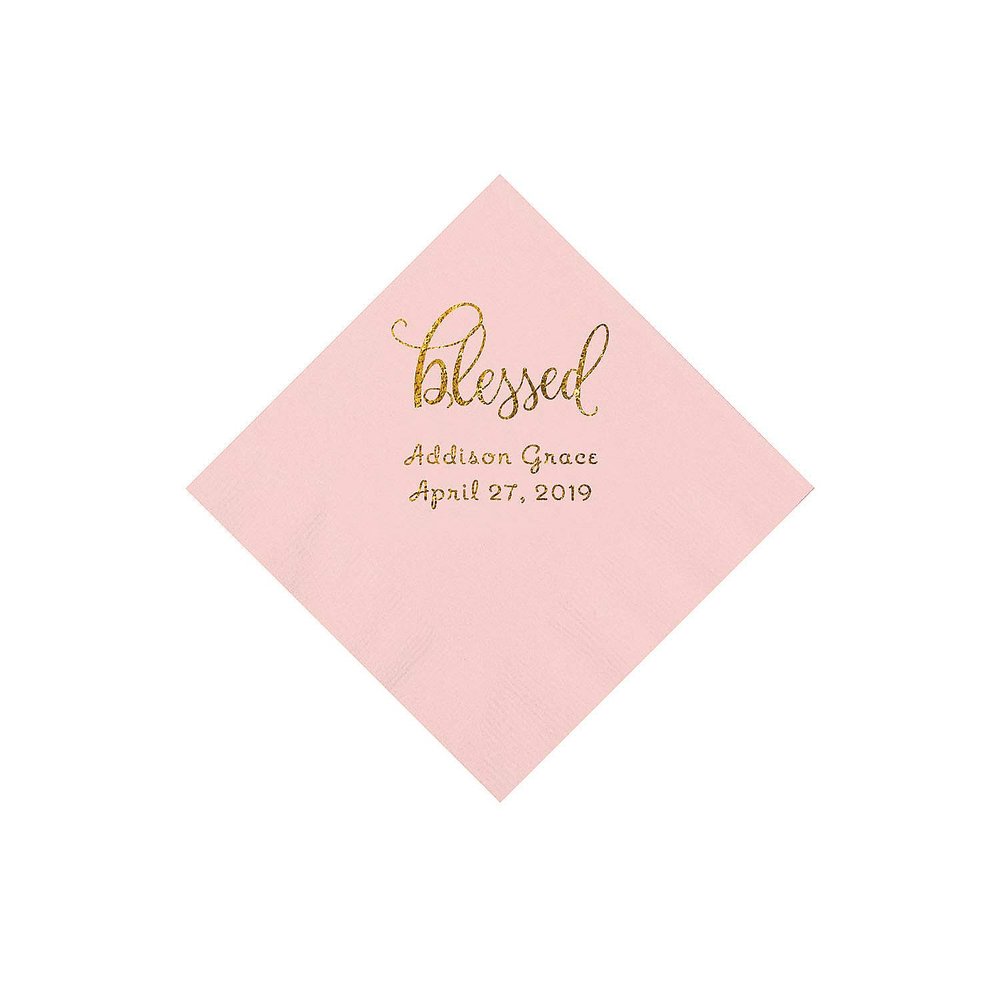 Light Pink Blessed Personalized Napkins with Gold Foil - Beverage - Party Supplies - 50 Pieces