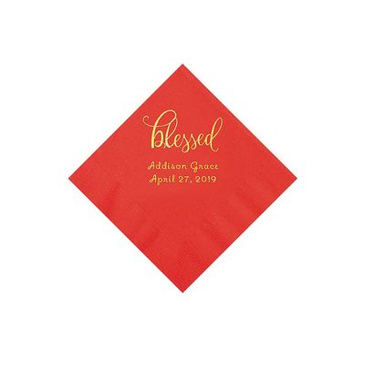 Red Blessed Personalized Napkins with Gold Foil - Beverage - Party Supplies - 50 Pieces