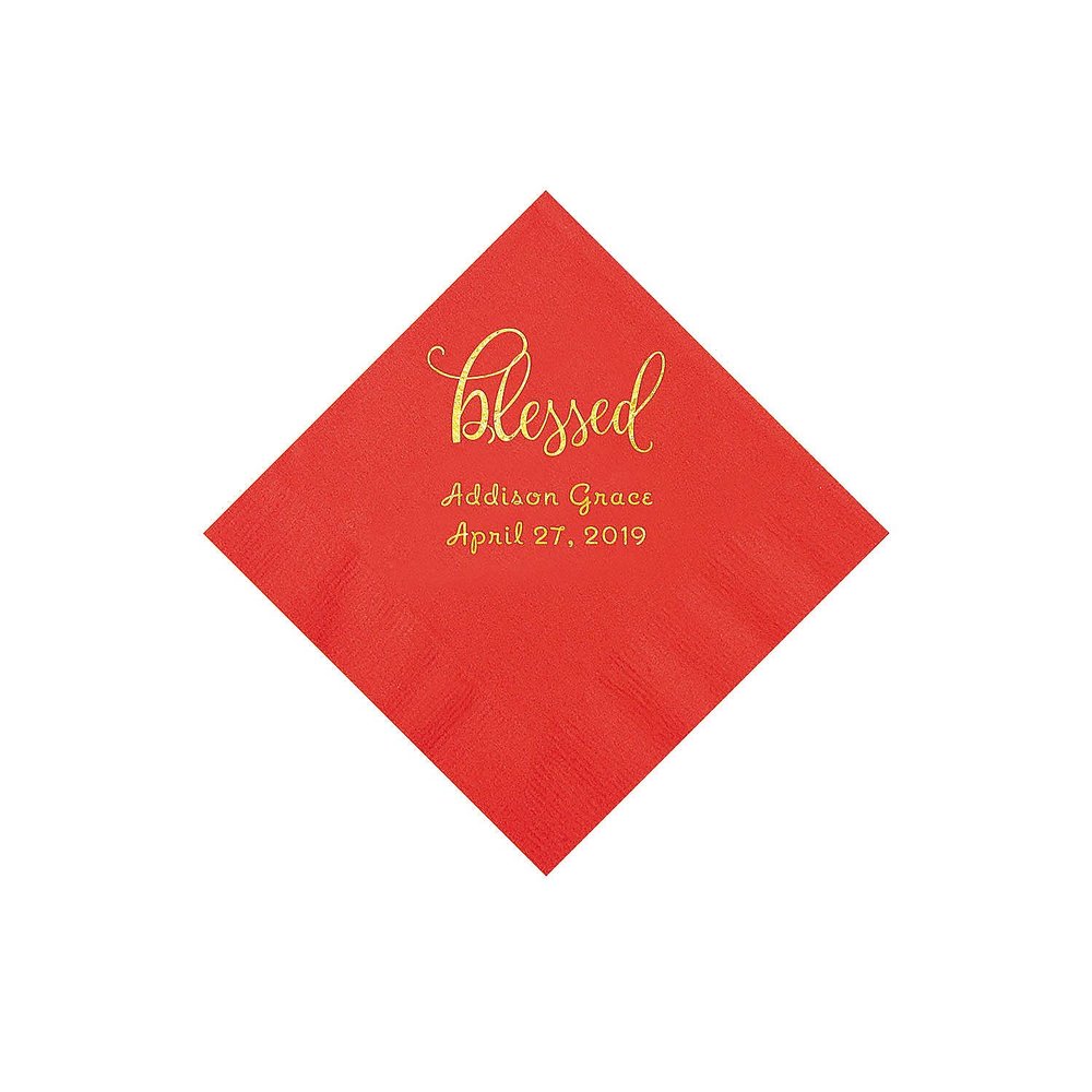 Red Blessed Personalized Napkins with Gold Foil - Beverage - Party Supplies - 50 Pieces