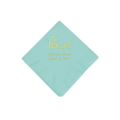 Fun Express Mint Green Blessed Personalized Napkins with Gold Foil - Beverage - Party Supplies - 50 Pieces