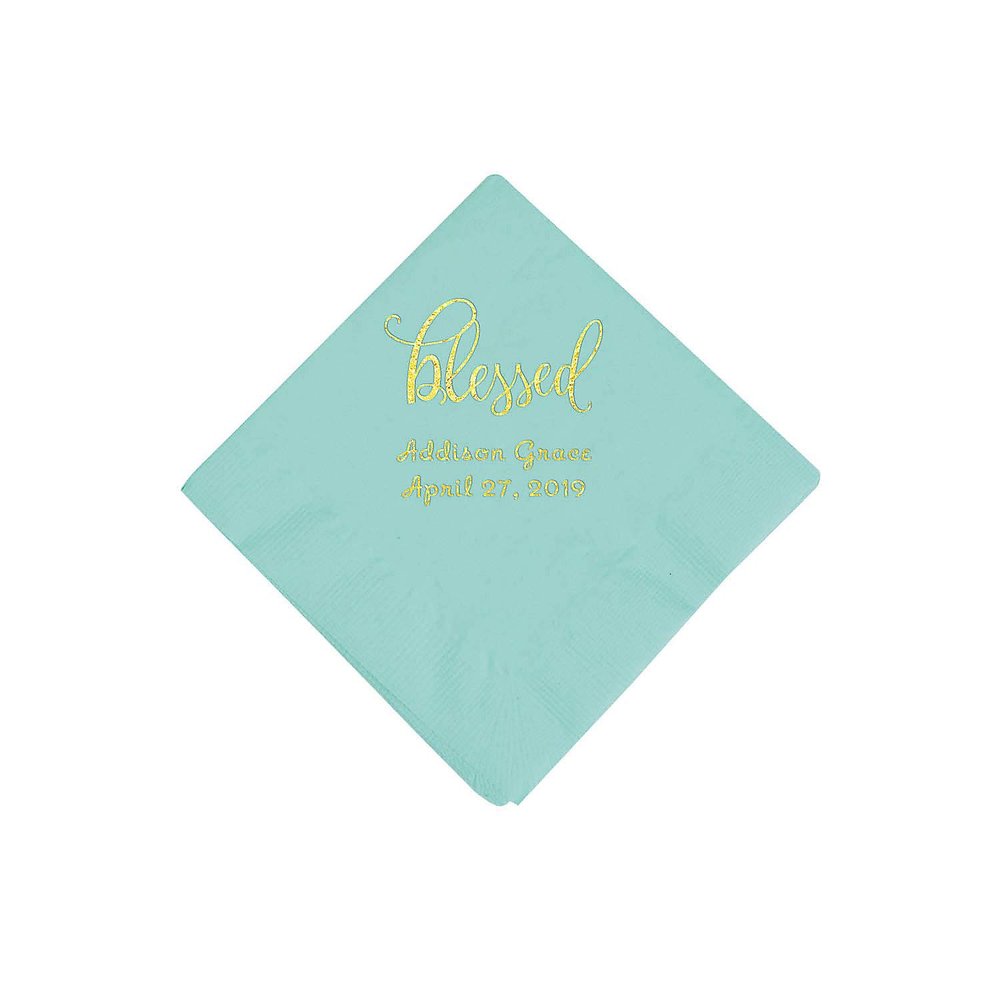 Fun Express Mint Green Blessed Personalized Napkins with Gold Foil - Beverage - Party Supplies - 50 Pieces