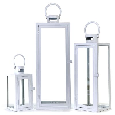 Allgala 3-PC Lantern Set 23 Inch Jumbo Deluxe Modern Indoor/Outdoor Candle Lantern Set White Painted Ironl Frame Tempered Glass Rectangular for Garden Poolside Fireplace Wedding