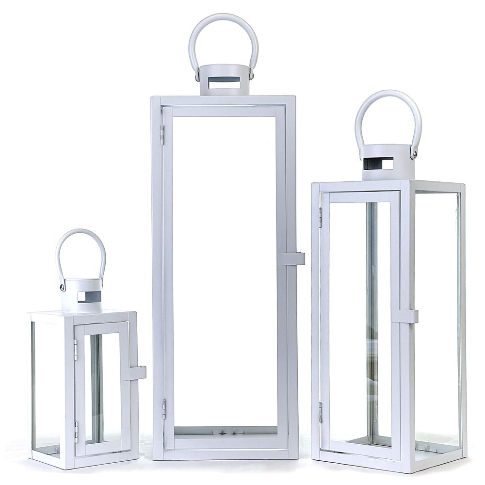 Allgala 3-PC Lantern Set 23 Inch Jumbo Deluxe Modern Indoor/Outdoor Candle Lantern Set White Painted Ironl Frame Tempered Glass Rectangular for Garden Poolside Fireplace Wedding