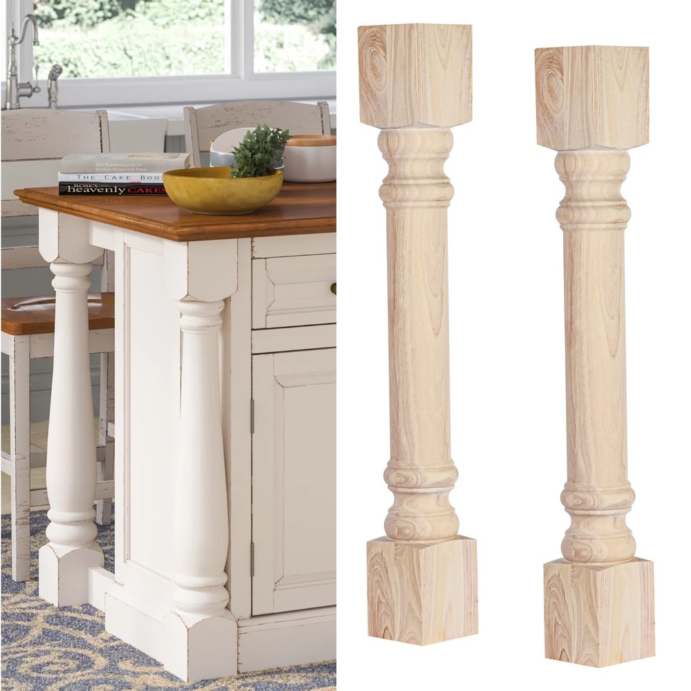 Btowin 35 1/2-inch H 3 1/2-inch W 3 1/2-inch D Wooden Kitchen Island Legs, 2Pcs Wood Carved Traditional Cabinet Columns, Unfinished Massive Replacement Feet for Large Dining Table Kitchen Counter