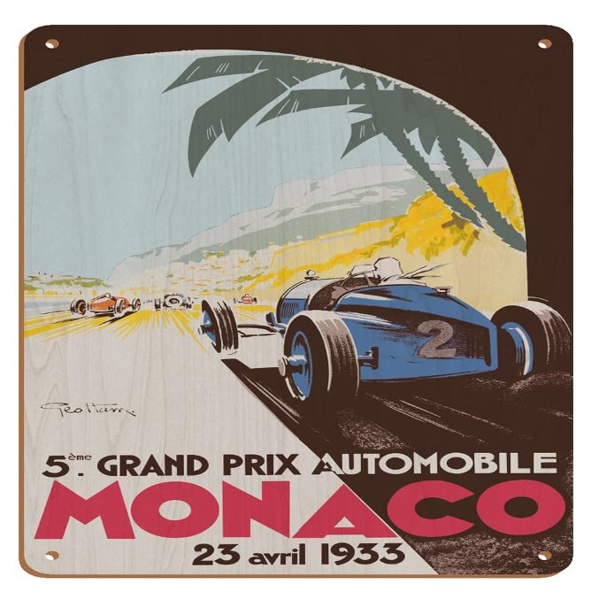 5th Grand Prix Monaco 1933 - Auto Racing - Vintage Sports Poster by Go Ham (Georges Hamel) c.1933-8 x 12 inch Vintage Wood Art Sign