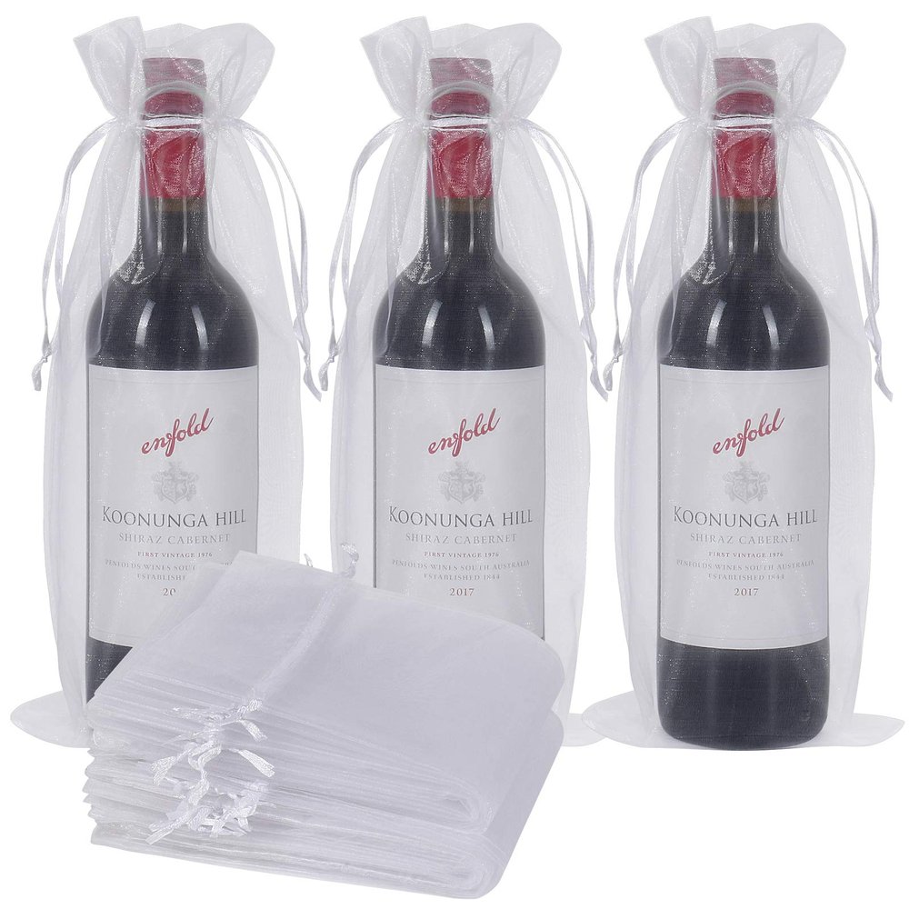 Shintop Organza Wine Bags White, 14 1/3 x 6 1/3 inches 750ML Wine Bottle Gift Bags with Drawstring for Wedding Festival Party Favors Fruit Protection(30pcs)