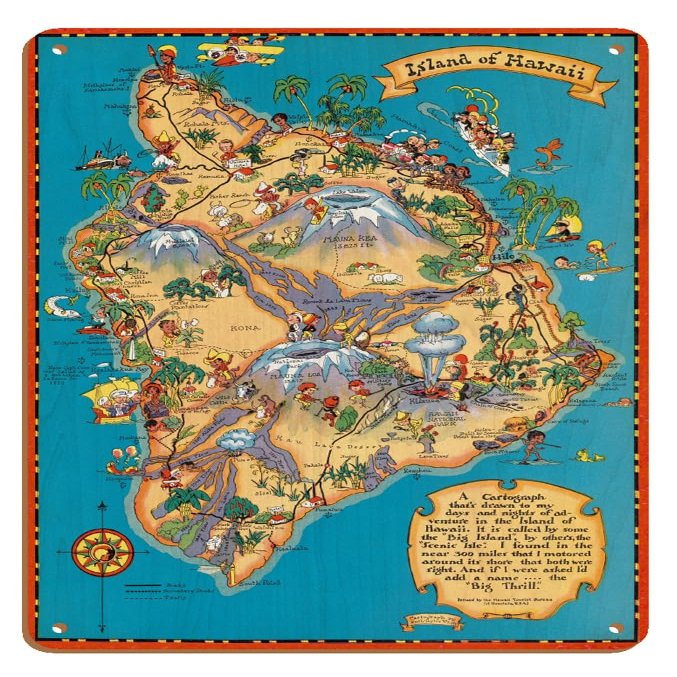 Hawaiian Island of Hawaii (Big Island) Map - Hawaii Tourist Bureau - Vintage Map by Ruth Taylor White c.1941-8 x 12 inch Vintage Wood Art Sign