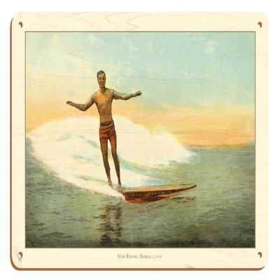 Surf Riding Hawaii - Vintage Hawaiian Color Postcard c.1910-8 x 12 inch Vintage Wood Art Sign