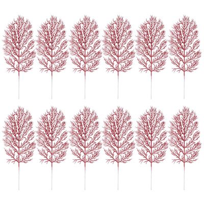 Cabilock 12pcs Christmas Tree Pick Leaves Ornament Glitter Leaf Spray Xmas Holiday Decor Vase Tree Filler Wreath Garland Wedding Decoration DIY Craft Red