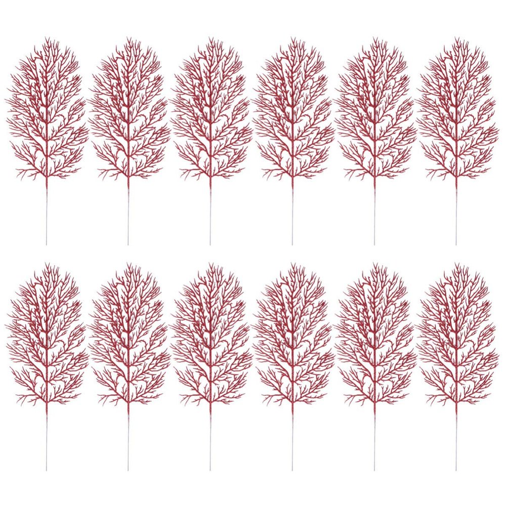 Cabilock 12pcs Christmas Tree Pick Leaves Ornament Glitter Leaf Spray Xmas Holiday Decor Vase Tree Filler Wreath Garland Wedding Decoration DIY Craft Red