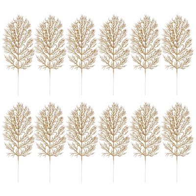 Cabilock Christmas Floral Picks Gold Glitter Leaves 12Pcs Artificial Christmas Tree Filler Branches for Holiday DIY Decorations Winter Wedding Party Home Garland Accessories