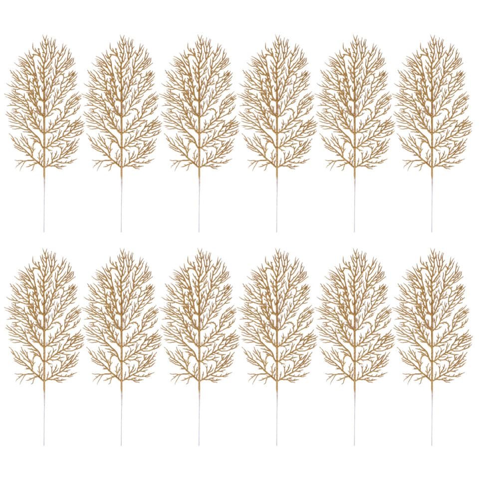 Cabilock Christmas Floral Picks Gold Glitter Leaves 12Pcs Artificial Christmas Tree Filler Branches for Holiday DIY Decorations Winter Wedding Party Home Garland Accessories