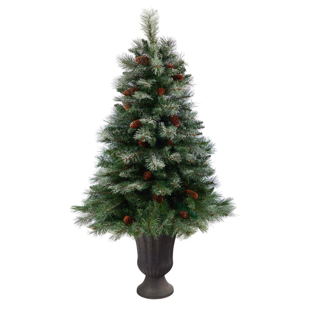 Nearly Natural 50in. Snowed French Alps Mountain Pine Artificial Christmas Tree with 237 Bendable Branches and Pine Cones in Charcoal Planter