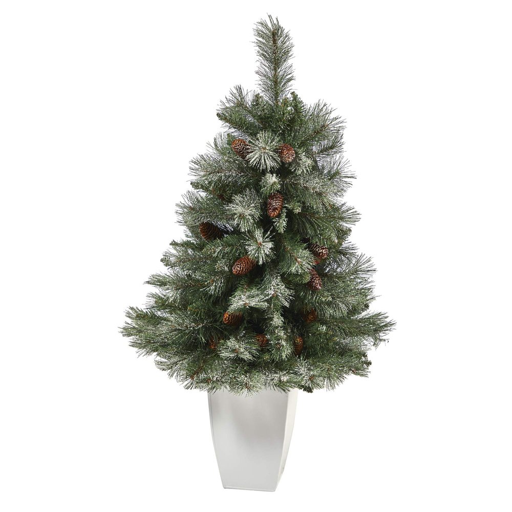 Nearly Natural 3.5ft. Snowed French Alps Mountain Pine Artificial Christmas Tree with 135 Bendable Branches and Pine Cones in White Metal Planter