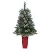 Nearly Natural 44in. Snowed French Alps Mountain Pine Artificial Christmas Tree with 135 Bendable Branches and Pine Cones in Red Planter view 1