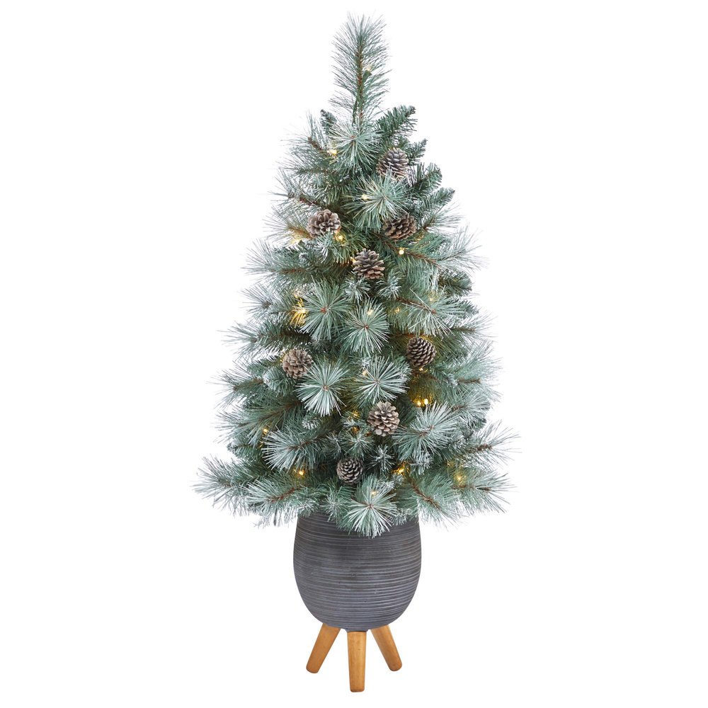 Nearly Natural 3.5ft. Frosted Tip British Columbia Mountain Pine Artificial Christmas Tree with 50 Clear Lights, Pine Cones and 112 Bendable Branches in Metal Planter in Gray Planter with Stand