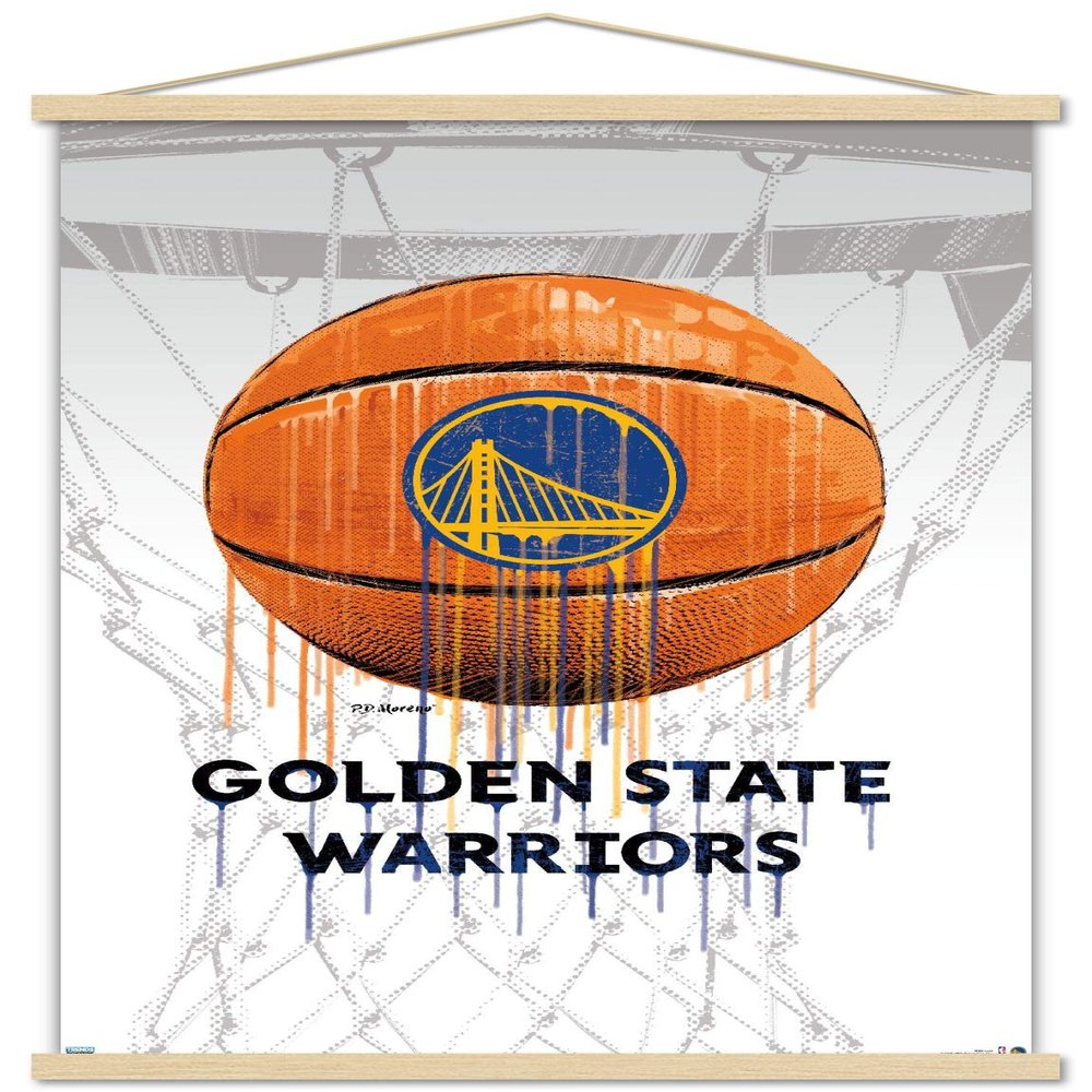 Trends International NBA Golden State Warriors - Drip Ball 20 Wall Poster, 22.375" x 34", Print and Beechwood Hanger Bundle